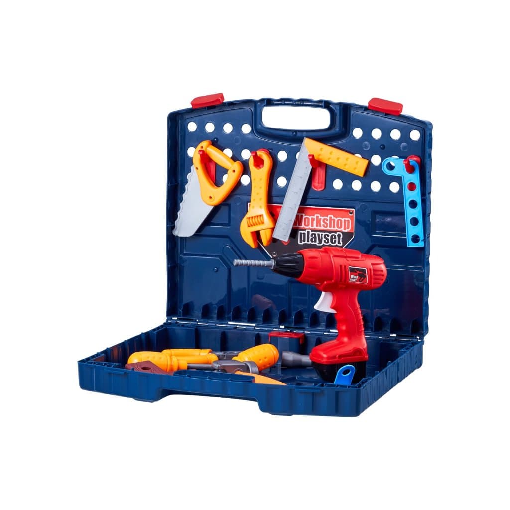 Stół warsztatowy dla dzieci, blat roboczy składający się z 56 elementów, z realistycznymi narzędziami i wiertarką elektryczną