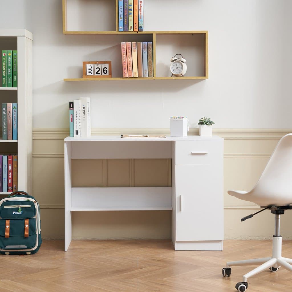 Biurko małe z szufladą, biurko do pokoju dziecięcego, drewniane, proste, białe