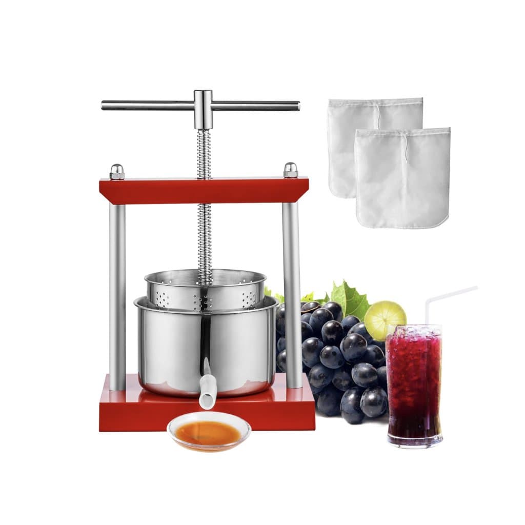 Prasa do wina owocowego, 1,6 galona/6 l, 2 beczki ze stali nierdzewnej, ręczna wyciskarka do soku, cydr, jabłko, winogrona, nalewka, miód roślinny, prasa do oliwy z oliwek z uchwytem w kształcie litery T do użytku na zewnątrz, w kuchni i w domu