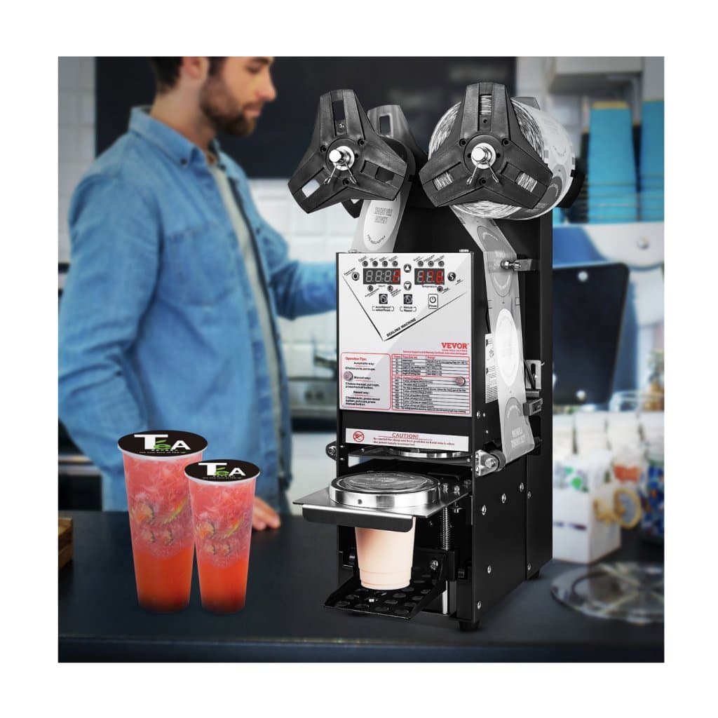 W pełni automatyczna zgrzewarka do kubków, 500-650 kubków/h, zgrzewarka do kubków o wysokości 180 mm i średnicy 90/95 mm, elektryczna zgrzewarka do herbaty Boba z cyfrowym panelem sterowania LCD do herbaty bąbelkowej, kawy, czarnej herbaty