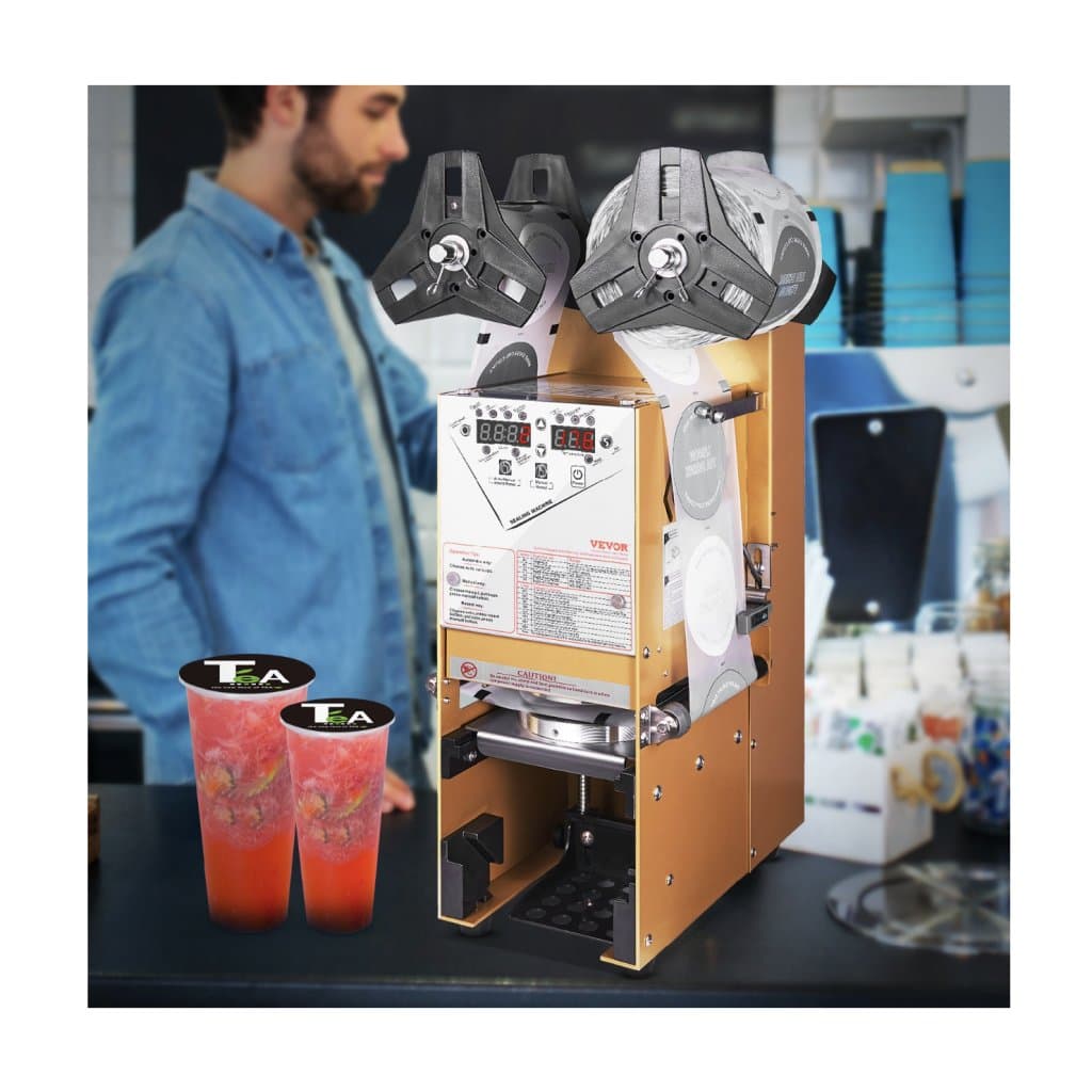 W pełni automatyczna zgrzewarka do kubków, 500-650 kubków/h, zgrzewarka do kubków o wysokości 180 mm i średnicy 90/95 mm, elektryczna zgrzewarka do herbaty Boba z cyfrowym panelem sterowania LCD do herbaty bąbelkowej, kawy, złota