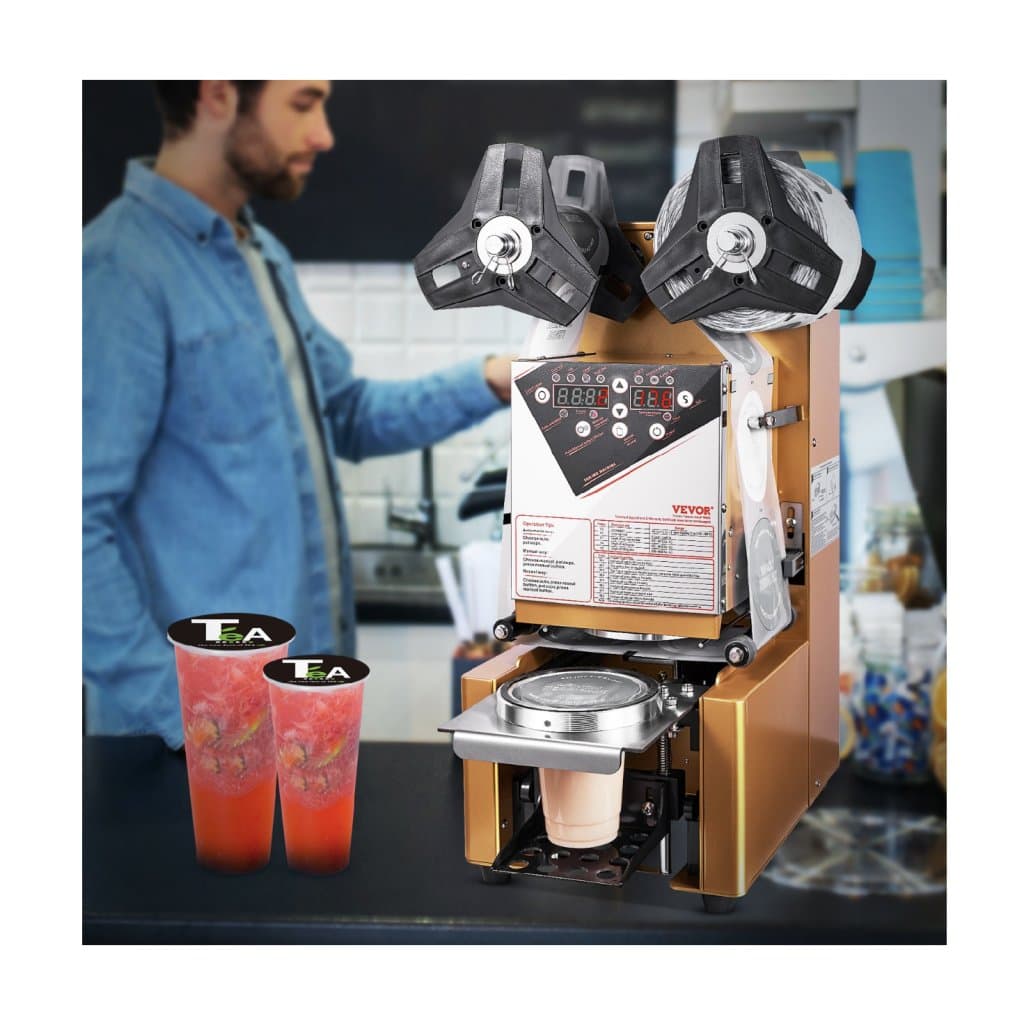 pełni automatyczna zgrzewarka do kubków, 500-650 kubków/h, zgrzewarka do kubków o wysokości 190 mm i średnicy 90/95 mm, elektryczna zgrzewarka do herbaty Boba z cyfrowym panelem sterowania LCD do herbaty bąbelkowej, kawy, złota