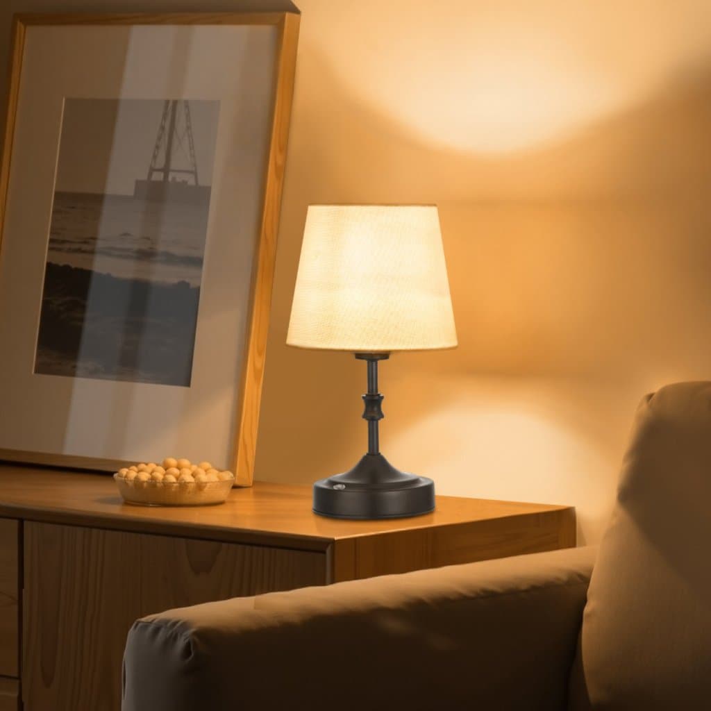 Lampa stołowa bezprzewodowa z akumulatorem, mała lampa z kloszem z tkaniny, czarna
