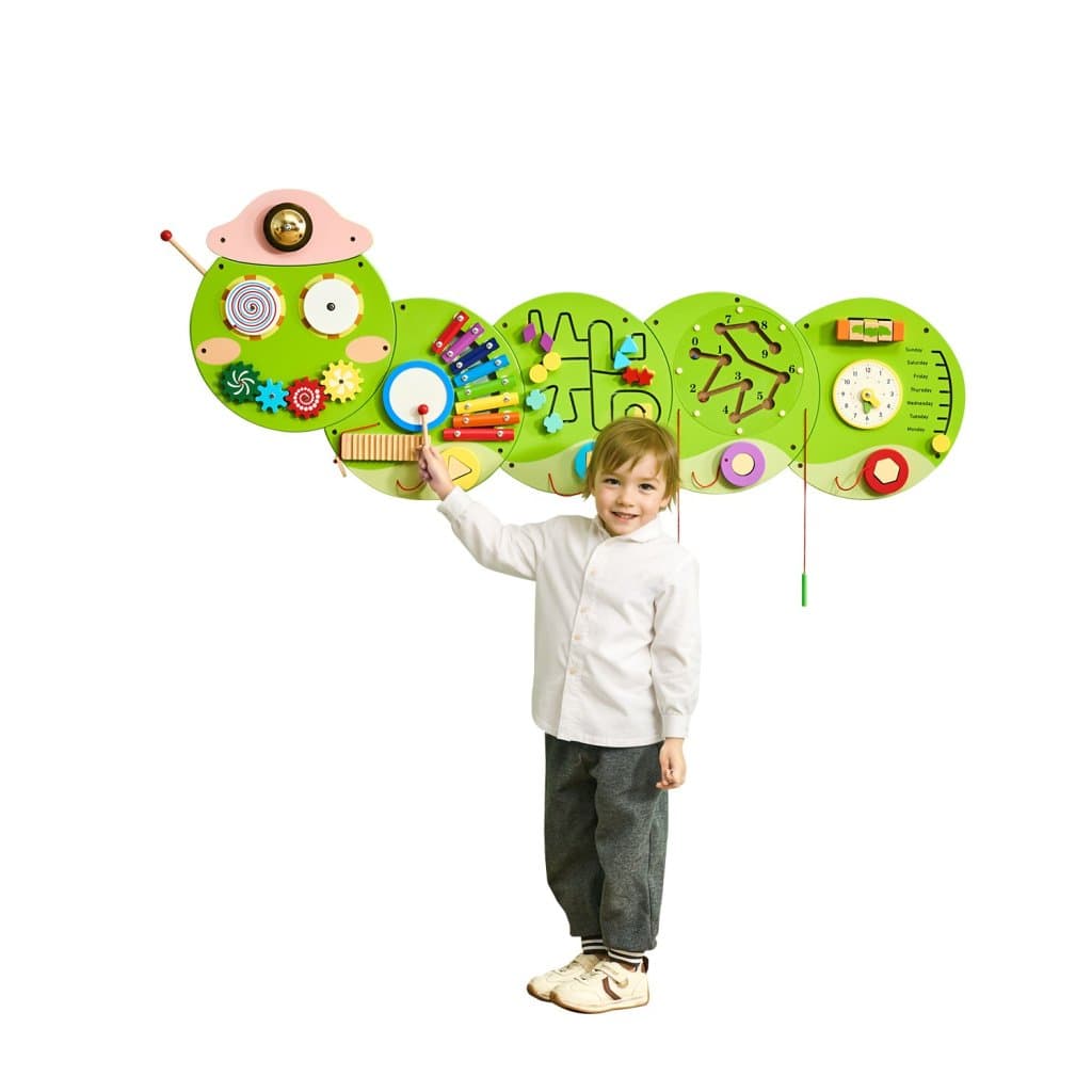 Ściana aktywności Caterpillar, panele ścienne, 12 aktywności, sensoryczna zabawka ścienna