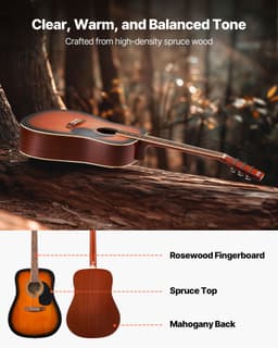 Gitara akustyczna typu dreadnought, 41 cali / 1041,4 mm, zestaw dla początkujących, pokrowiec, dorosły, Sunburst - miniatura 6