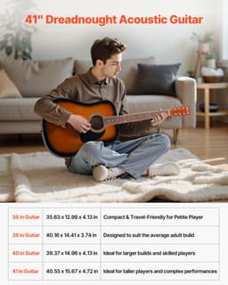 Gitara akustyczna typu dreadnought, 41 cali / 1041,4 mm, zestaw dla początkujących, pokrowiec, dorosły, Sunburst - miniatura 7