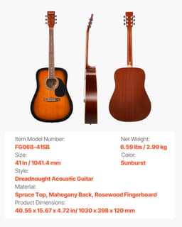 Gitara akustyczna typu dreadnought, 41 cali / 1041,4 mm, zestaw dla początkujących, pokrowiec, dorosły, Sunburst - miniatura 11