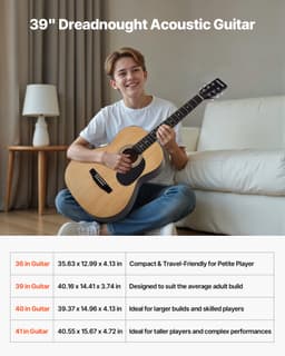 Gitara akustyczna typu dreadnought 39 cali / 990,6 mm Naturalny zestaw dla początkujących z pokrowcem dla dorosłych - miniatura 7