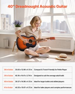 Gitara akustyczna typu dreadnought, 40 cali / 1016 mm, zestaw dla początkujących, pokrowiec, dorosły, Sunburst - miniatura 7