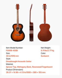 Gitara akustyczna typu dreadnought, 40 cali / 1016 mm, zestaw dla początkujących, pokrowiec, dorosły, Sunburst - miniatura 11