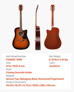 104,4 mm (41 cali) Cutway Acoustic Guitar Beginner Bundle Gig Bag dla dorosłych Sunburst - miniatura 11