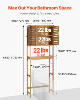Szafka łazienkowa z bambusa nad toaletą, wysokość 175 cm, z podwójnymi drzwiami i wewnętrzną regulowaną półką, oszczędzająca miejsce szafka łazienkowa nad toaletą z otwartą półką, kolor naturalny - miniatura 6