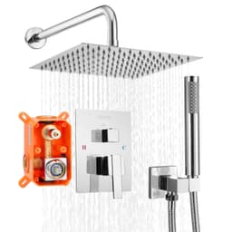 Zestaw baterii natryskowej, system prysznicowy z deszczownicą łazienkową z 10-calową (25,4 cm) kwadratową głowicą prysznicową i słuchawką natryskową, armatura ścienna do wanny z zaworem mosiężnym i zestawem wykończeniowym, chrom srebrny - miniatura 2