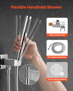 Zestaw baterii natryskowej, system prysznicowy z deszczownicą łazienkową z 10-calową (25,4 cm) kwadratową głowicą prysznicową i słuchawką natryskową, armatura ścienna do wanny z zaworem mosiężnym i zestawem wykończeniowym, chrom srebrny - miniatura 7