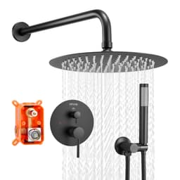 Zestaw baterii natryskowej, system prysznicowy z deszczownicą łazienkową, z okrągłą głowicą prysznicową o średnicy 10 cali (25,4 cm) i słuchawką natryskową, armatura ścienna do wanny z zaworem mosiężnym i zestawem wykończeniowym, matowa czerń - miniatura 2