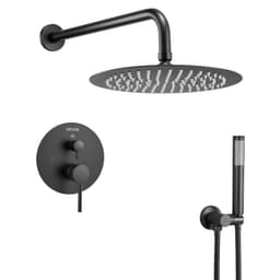 Zestaw baterii natryskowej, system prysznicowy z deszczownicą łazienkową, z okrągłą głowicą prysznicową o średnicy 10 cali (25,4 cm) i słuchawką natryskową, armatura ścienna do wanny z zaworem mosiężnym i zestawem wykończeniowym, matowa czerń - miniatura 3