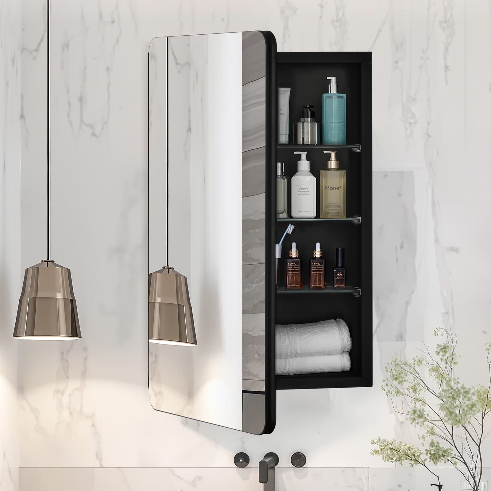 Szafka na leki, 16,5 x 27,5 cala, szafka na leki do łazienki z lustrem, aluminiowa rama szafki łazienkowej, 3-warstwowe regulowane półki, montaż wpuszczany i naścienny