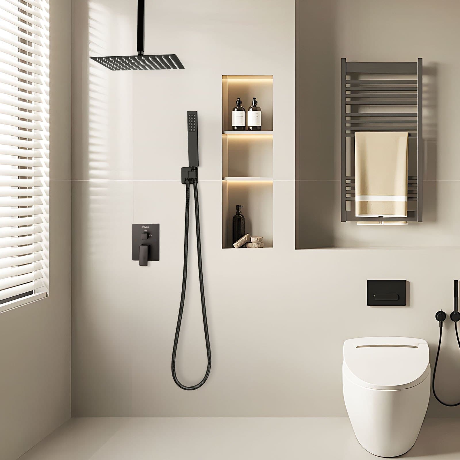 Zestaw baterii natryskowej, system prysznicowy z deszczownicą łazienkową z 10-calową (25,4 cm) kwadratową głowicą prysznicową i słuchawką natryskową, armatura sufitowa do wanny z zaworem mosiężnym i zestawem wykończeniowym, matowa czerń