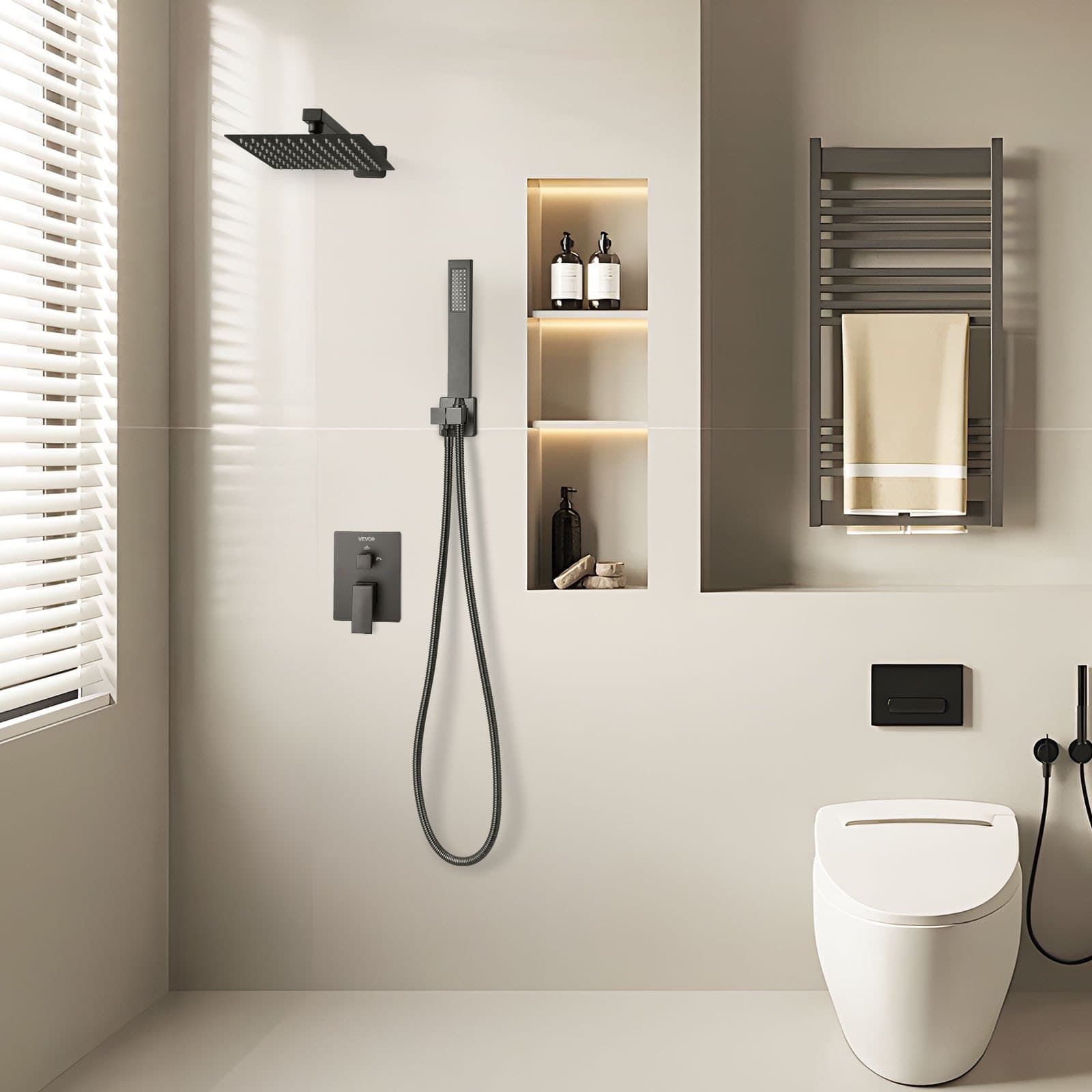 Zestaw baterii natryskowej, system prysznicowy z deszczownicą łazienkową z 8-calową (20,3 cm) kwadratową głowicą prysznicową i słuchawką natryskową, armatura ścienna do wanny z zaworem mosiężnym i zestawem wykończeniowym, matowa czerń