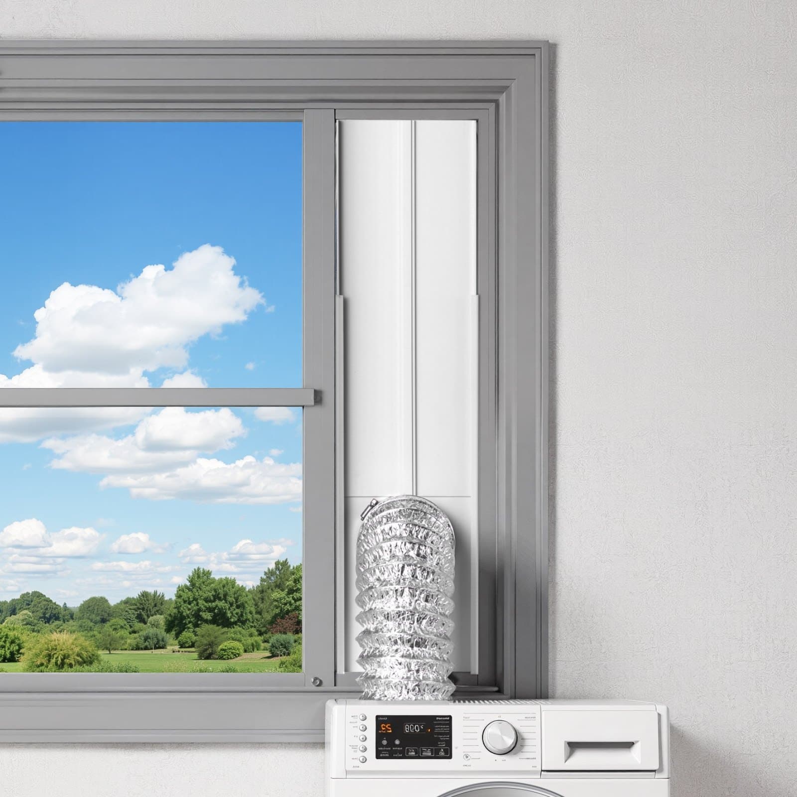 Zestaw okienek wentylacyjnych do suszarki, pasuje do przewodów wydechowych o średnicy 101,6 mm, regulowana długość dostosowana do okien przesuwnych o różnej wysokości, wytrzymałe materiały PVC i PP, podwójna ochrona i wielowarstwowa konstrukcja uszczelniająca