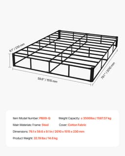 Rama łóżka typu box spring, rozmiar queen size, z tkaniną nadającą się do prania, wytrzymała metalowa rama do łóżka queen size, podstawa materaca 9 cali, maksymalna nośność 3500 funtów, łatwy montaż, 79,1 dł. x 59,6 szer. x 9,1 wys. w calach - miniatura 11