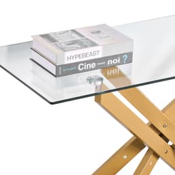Szklany stolik kawowy, nowoczesny prostokątny stolik boczny do sofy z blatem ze szkła hartowanego i żelaznymi nogami krzyżowymi, złote geometryczne biurko konsolowe z regulowanymi antypoślizgowymi nóżkami do salonu, przedpokoju, holu - miniatura 4