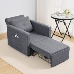 Rozkładana sofa z funkcją spania, rozkładana sofa z kieszenią boczną, poduszką, podłokietnikiem i tablicą na biurko, oparcie regulowane pod 5 kątami, pojedyncza rozkładana sofa z 2 kółkami i schowkiem u dołu, szara - miniatura 1