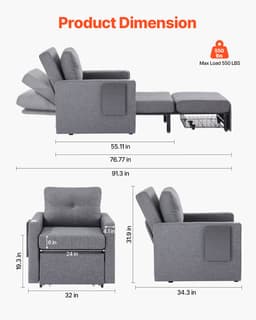 Rozkładana sofa z funkcją spania, rozkładana sofa z kieszenią boczną, poduszką, podłokietnikiem i tablicą na biurko, oparcie regulowane pod 5 kątami, pojedyncza rozkładana sofa z 2 kółkami i schowkiem u dołu, szara - miniatura 6