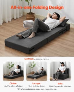 Rozkładana sofa, rozkładana sofa 3 w 1 z 2 poduszkami i zmywalnym pokrowcem, rozkładany fotel z pianki memory 25D o wysokiej gęstości, sofa futon do salonu, sypialni, ciemnoszara (pojedyncza) - miniatura 8