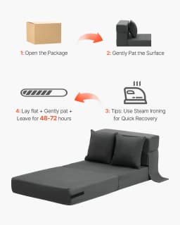 Rozkładana sofa, rozkładana sofa 3 w 1 z 2 poduszkami i zmywalnym pokrowcem, rozkładany fotel z pianki memory 25D o wysokiej gęstości, sofa futon do salonu, sypialni, ciemnoszara (pojedyncza) - miniatura 9
