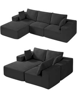 Modułowa sofa narożna, modułowa sofa w kształcie litery L z szezlongiem, sofa narożna Cloud z gąbką o wysokiej sprężystości i gęstości, tapicerowana sofa z kordu z poduszką do salonu, sypialni, czarna - miniatura 2