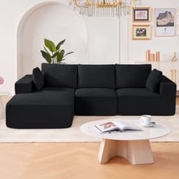 Modułowa sofa narożna, modułowa sofa w kształcie litery L z szezlongiem, sofa narożna Cloud z gąbką o wysokiej sprężystości i gęstości, tapicerowana sofa z kordu z poduszką do salonu, sypialni, czarna - miniatura 1