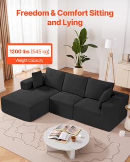 Modułowa sofa narożna, modułowa sofa w kształcie litery L z szezlongiem, sofa narożna Cloud z gąbką o wysokiej sprężystości i gęstości, tapicerowana sofa z kordu z poduszką do salonu, sypialni, czarna - miniatura 10