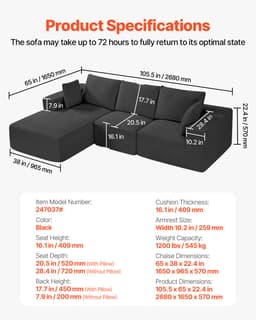 Modułowa sofa narożna, modułowa sofa w kształcie litery L z szezlongiem, sofa narożna Cloud z gąbką o wysokiej sprężystości i gęstości, tapicerowana sofa z kordu z poduszką do salonu, sypialni, czarna - miniatura 11