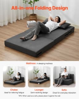 Rozkładana sofa, rozkładana sofa 3 w 1 z 2 poduszkami i zmywalnym pokrowcem, rozkładany fotel z pianki memory 25D o wysokiej gęstości, sofa futon do salonu, sypialni, ciemnoszara (podwójna) - miniatura 9