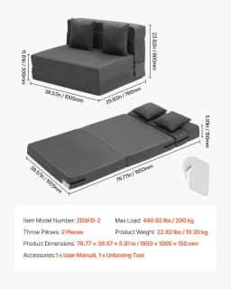 Rozkładana sofa, rozkładana sofa 3 w 1 z 2 poduszkami i zmywalnym pokrowcem, rozkładany fotel z pianki memory 25D o wysokiej gęstości, sofa futon do salonu, sypialni, ciemnoszara (podwójna) - miniatura 11