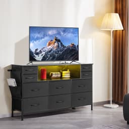 Komoda z 10 szufladami, komoda z materiałowymi szufladami i pojemnikami na materiały, szuflady do przechowywania w szafie z otwartą półką, oświetlenie LED i wbudowane gniazdko, wieża do przechowywania z materiału do sypialni, przedpokoju, szafy, czarna - miniatura 1