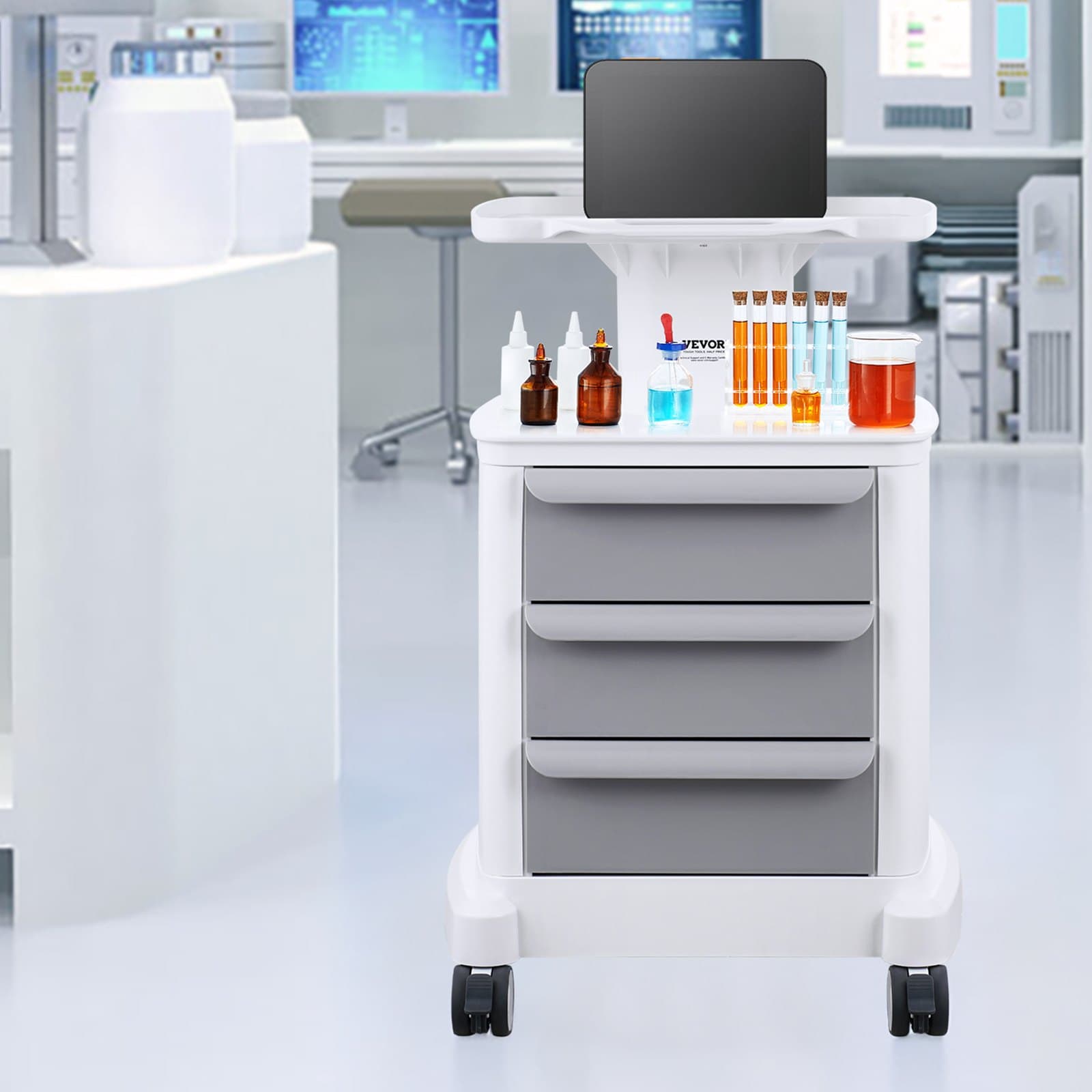 Wózki laboratoryjne 4-poziomowe, wózek laboratoryjny z 3 szufladami i 1 górną tacką, mobilny wózek medyczny z tworzywa ABS, wózek laboratoryjny na kółkach z 4 cichymi kółkami do laboratorium, kliniki, szpitala, salonu, biały