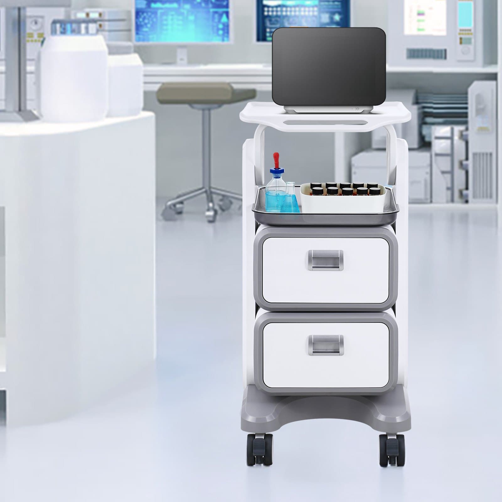 Wózki laboratoryjne 3-poziomowe, wózek laboratoryjny z 2 szufladami i 1 górną tacką, mobilny wózek medyczny z tworzywa ABS, wózek laboratoryjny na kółkach z 4 cichymi kółkami do laboratorium, kliniki, szpitala, salonu, biały