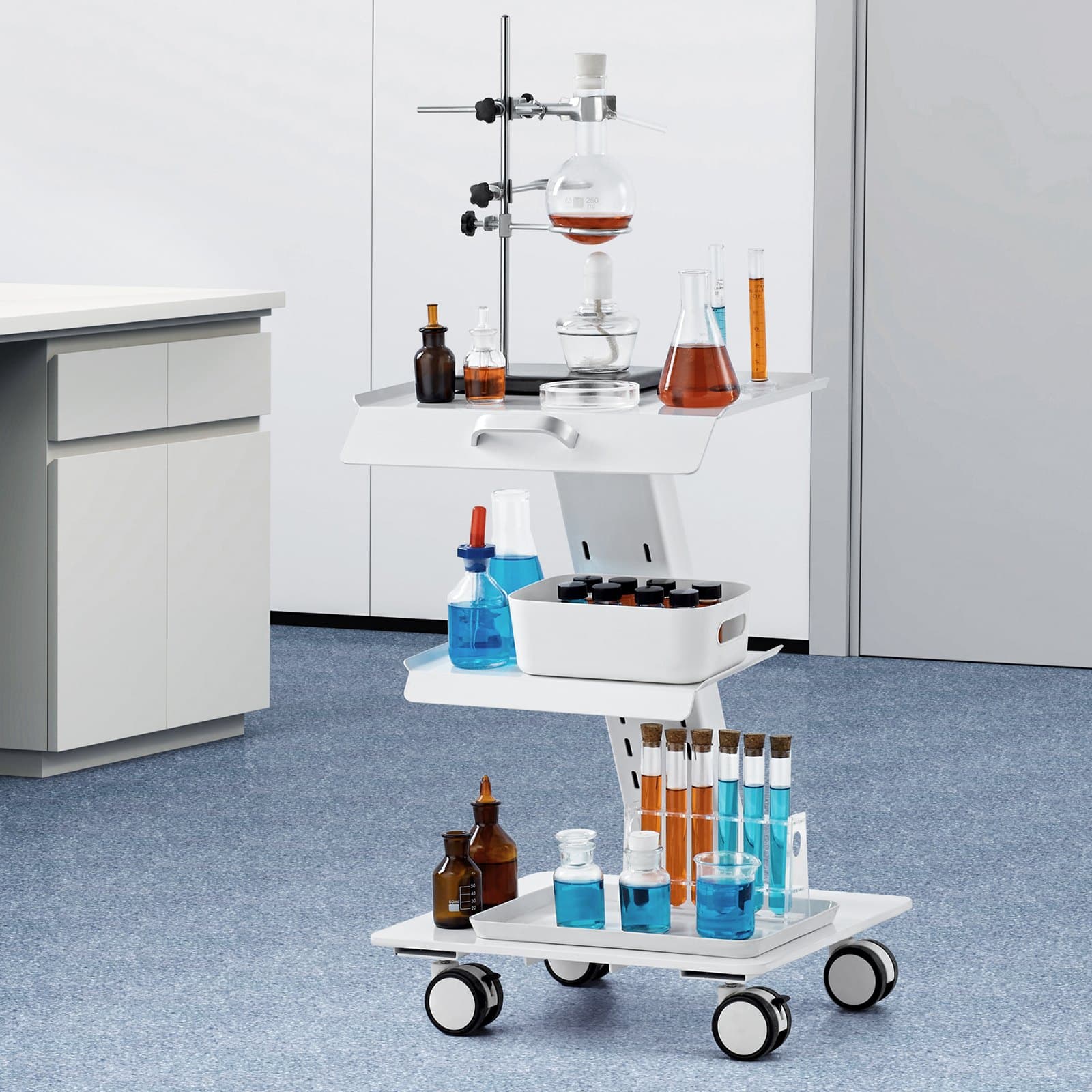 Wózek laboratoryjny, 3-warstwowy wózek laboratoryjny na kółkach, metalowy wózek mobilny z kółkami obrotowymi, wózek kliniczny na kółkach, udźwig 100 kg, do laboratorium, kliniki, salonu kosmetycznego i kosmetycznego