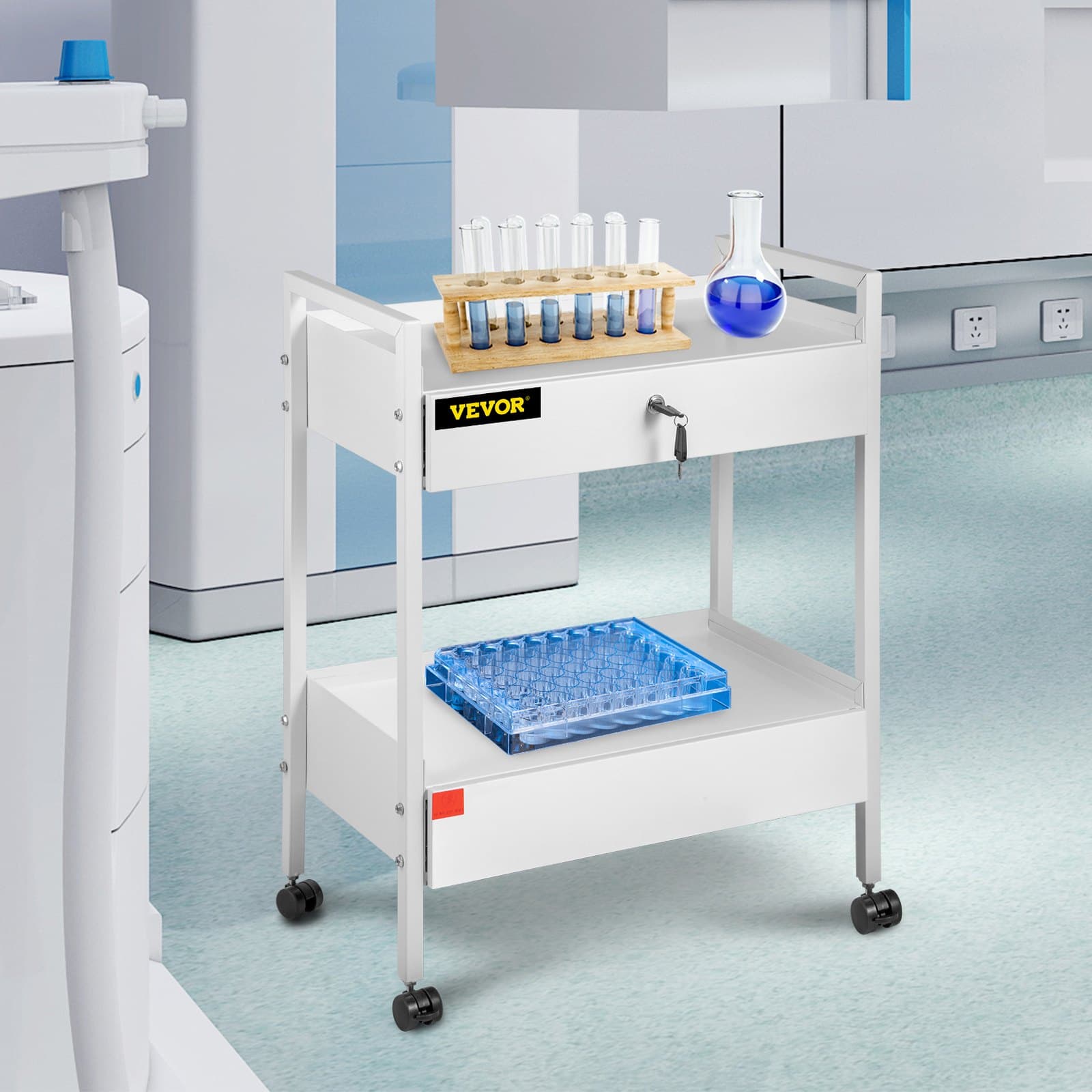 Wózek laboratoryjny, 2-poziomowy wózek narzędziowy ze stali nierdzewnej, wózek medyczny, 2 szuflady, wózek laboratoryjny na kółkach, biały, malowany, wózek do serwowania, z kółkami 360°, do laboratorium, szpitala, gabinetu stomatologicznego, salonu kosmetycznego