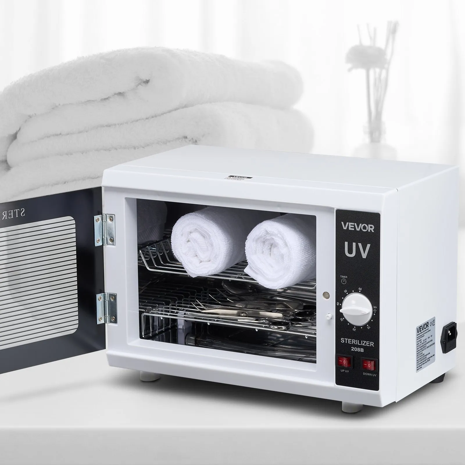 Urządzenie do czyszczenia narzędzi do paznokci, duża pojemność 12 l, sterowanie pokrętłem, szafka narzędziowa z funkcją czyszczenia, z timerem, drzwi ze szkła hartowanego, długość fali 185 nm, do laboratoriów, domu, salonów kosmetycznych i salonów kosmetycznych