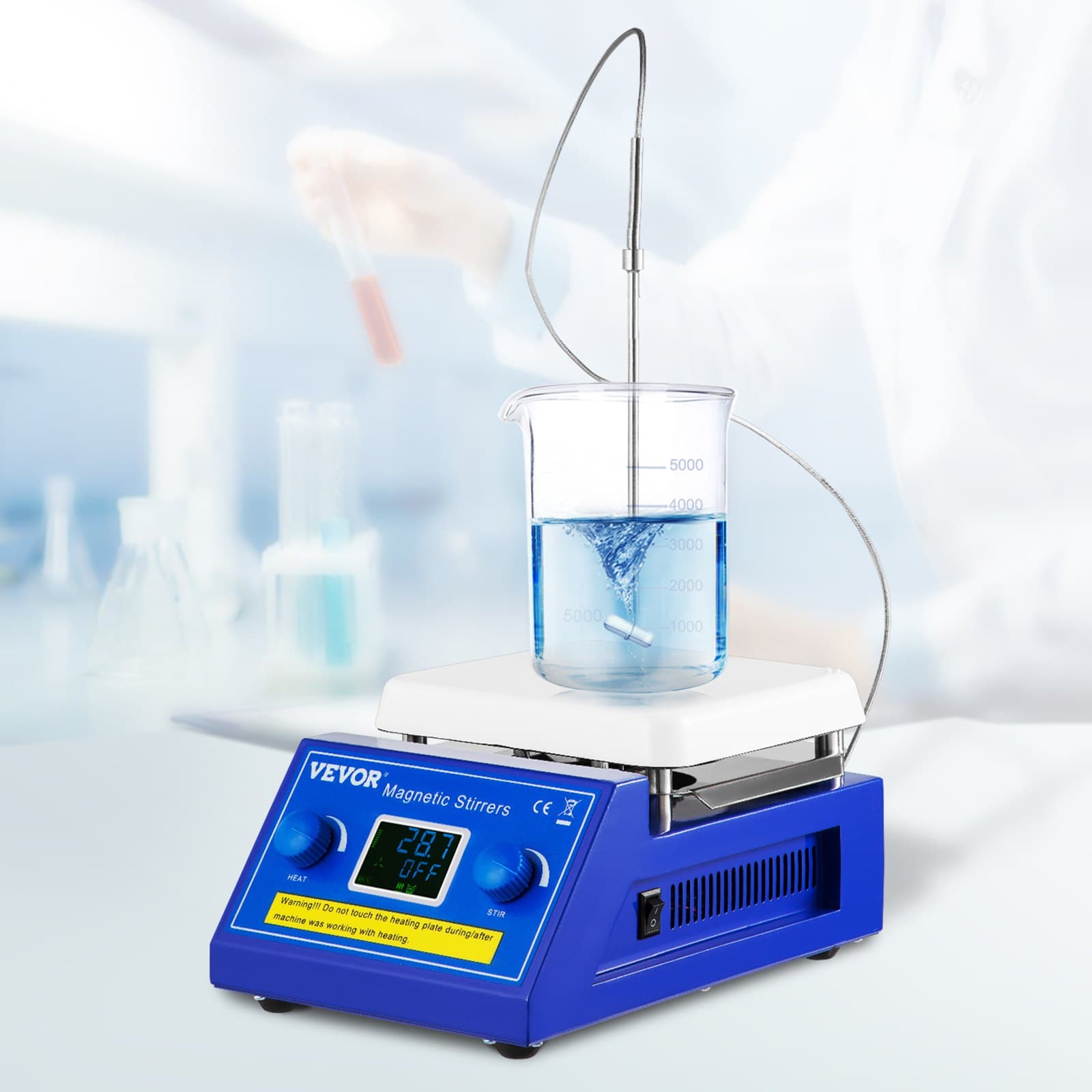 Mieszadło magnetyczne z płytą grzewczą, regulowana prędkość 200-2000 obr./min, duża pojemność mieszania 5 l z wyświetlaczem LED, laboratoryjne mieszadło magnetyczne o maksymalnej temperaturze grzania 320°C/608°F, do podgrzewania cieczy laboratoryjnych i mieszania.