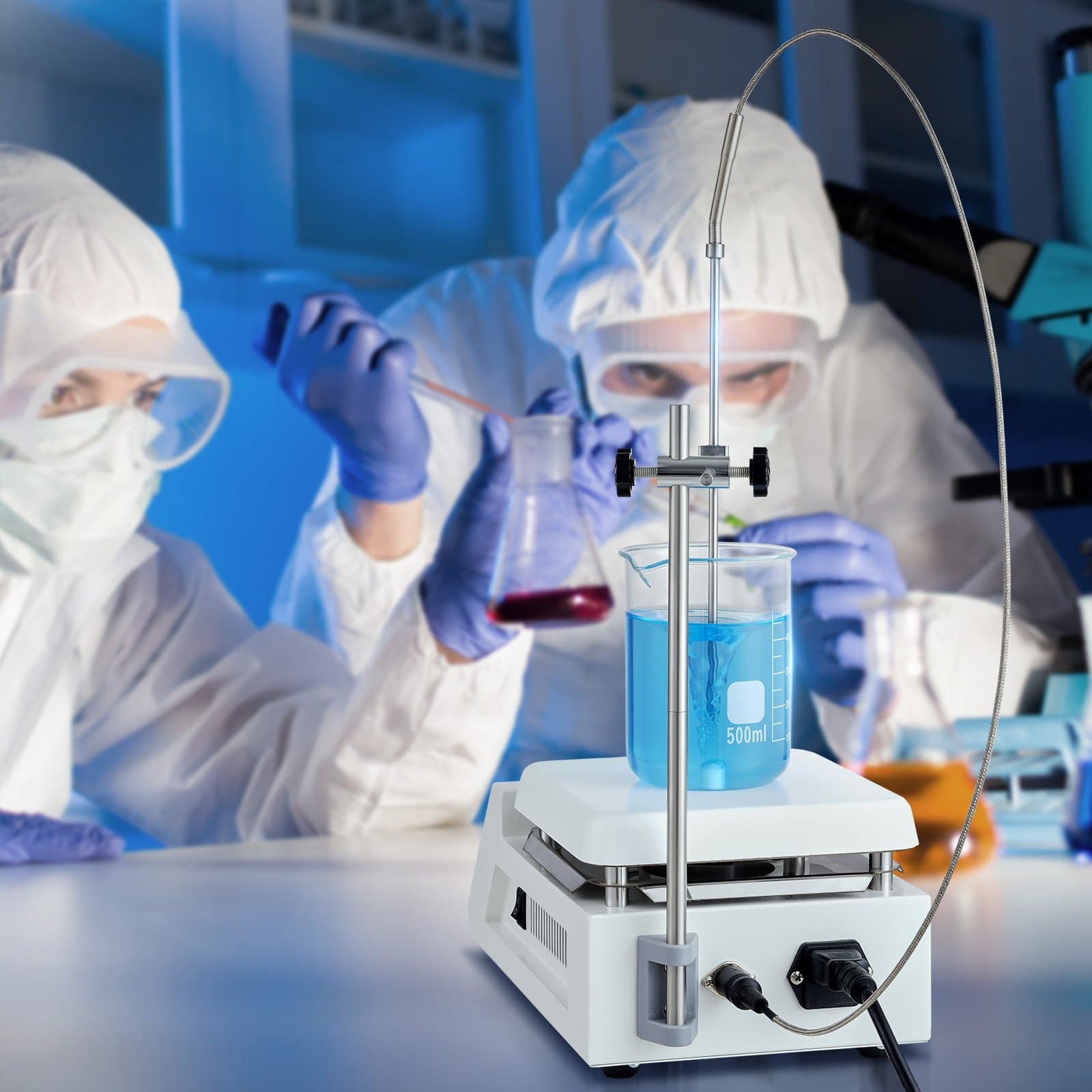 Płyta grzewcza z mieszadłem magnetycznym, maks. 100°C / 212°F, 0–2000 obr./min. Płyta grzewcza z mieszadłem magnetycznym, 2000 ml, płyta grzewcza z wyświetlaczem LED, stojak i mieszadła w zestawie, moc grzewcza 500 W