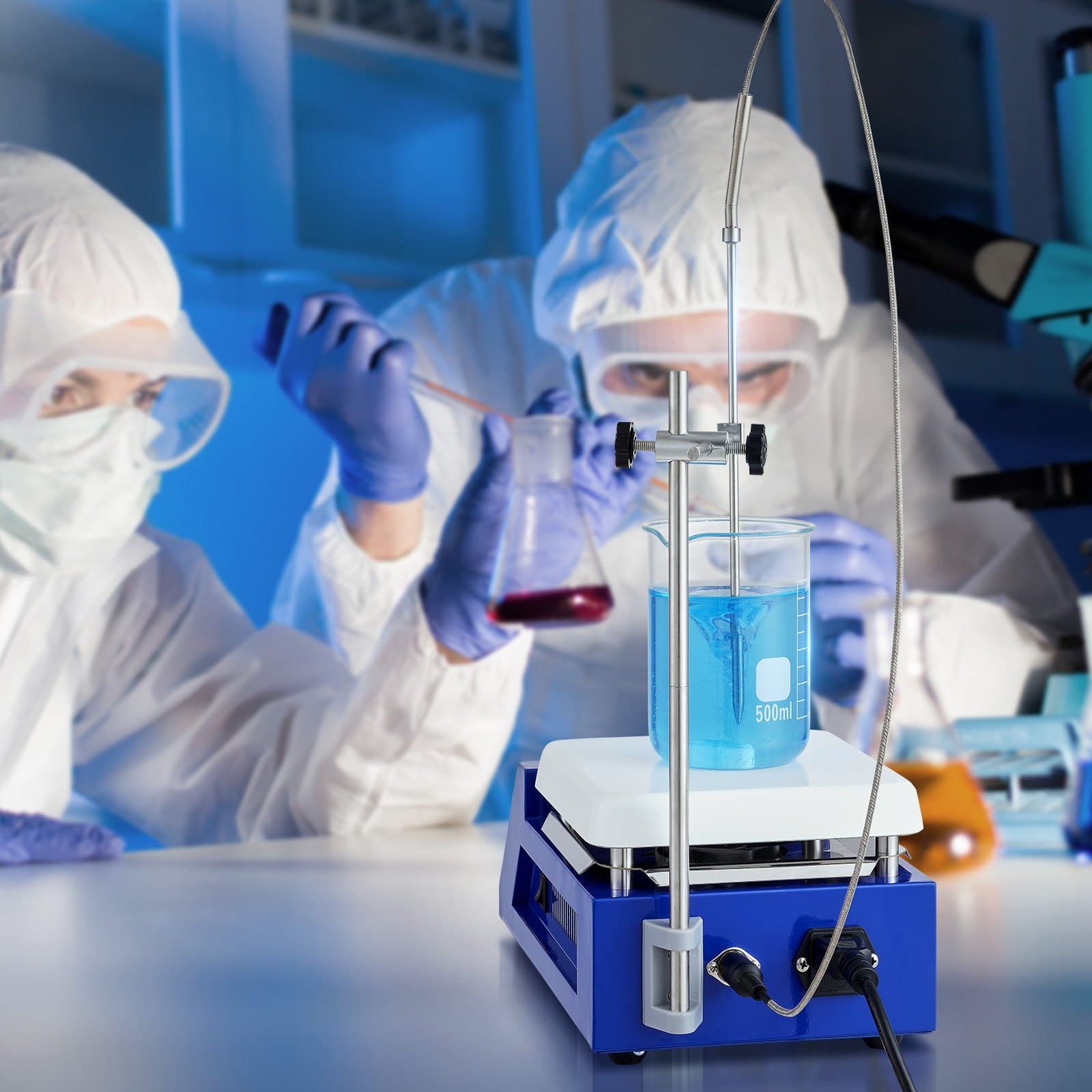 Płyta grzewcza z mieszadłem magnetycznym, maks. 300°C/572°F, 0–2000 obr./min. Płyta grzewcza z mieszadłem magnetycznym, 5000 ml, płyta grzewcza z wyświetlaczem LED, stojakiem i mieszadłami w zestawie, moc grzewcza 500 W