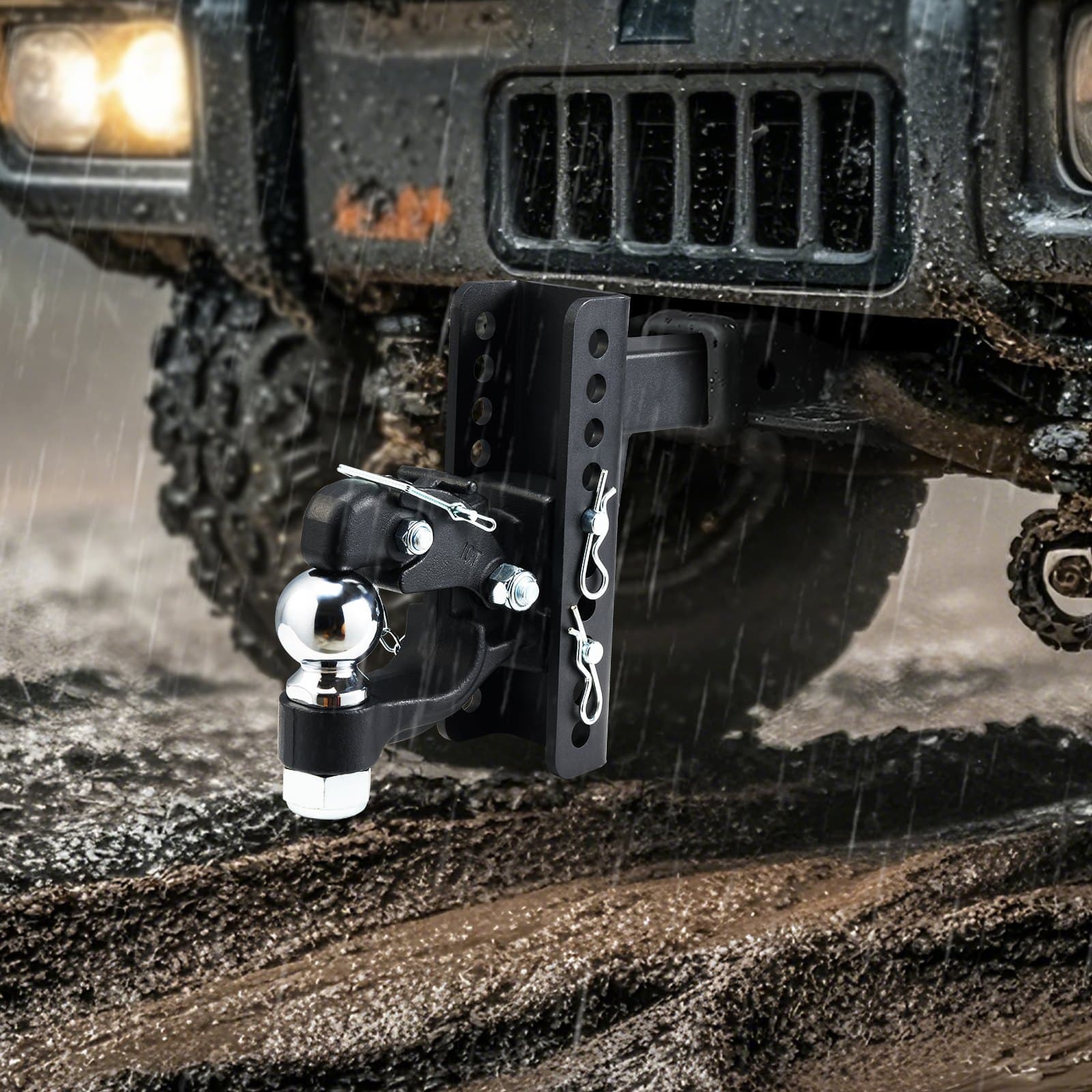 Regulowany hak trzpieniowy, 20000 funtów, hak trzpieniowy do 2-calowego haka zaczepowego, wojskowy odbiornik, kombinacja 2-calowej kuli zaczepowej, pasuje do pierścienia lunety od 2,5 do 3 cali, 6-calowy wzrost i opad, czarna powłoka proszkowa