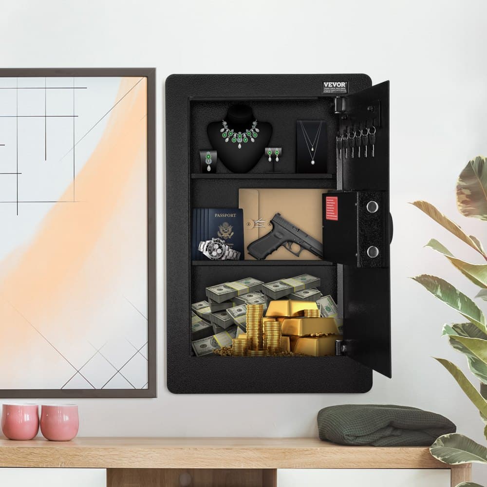 Sejf ścienny 3-poziomowy, 65 cm wysokości, ukryty, z półkami na klawiaturę i uchwytami na klucze