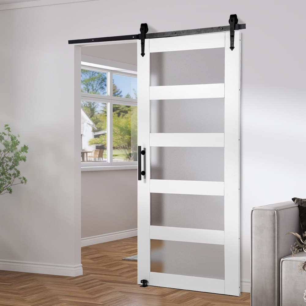 Zestaw drzwi do stodoły i osprzętu, 42" x 84" Przesuwne drzwi do stodoły z drewna i szkła, płynnie i cicho otwierające się, zestaw drzwi do stodoły z prowadnicą podłogową 8 w 1 i klamką, płyta z drewna świerkowego i matowe szkło