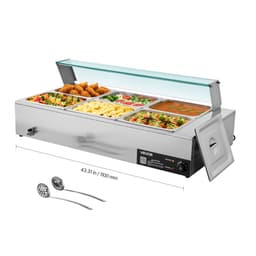 Komercyjny podgrzewacz do żywności, elektryczny podgrzewacz parowy ze stali nierdzewnej o mocy 1500 W z pokrywą szklaną, 6 patelni o rozmiarze 1/2 cala, bufetowa bemarowa bemarowa z zupą i perforowanymi chochlami, do cateringu, restauracji i imprez - miniatura 2