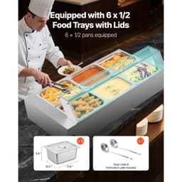 Komercyjny podgrzewacz do żywności, elektryczny podgrzewacz parowy ze stali nierdzewnej o mocy 1500 W z pokrywą szklaną, 6 patelni o rozmiarze 1/2 cala, bufetowa bemarowa bemarowa z zupą i perforowanymi chochlami, do cateringu, restauracji i imprez - miniatura 7